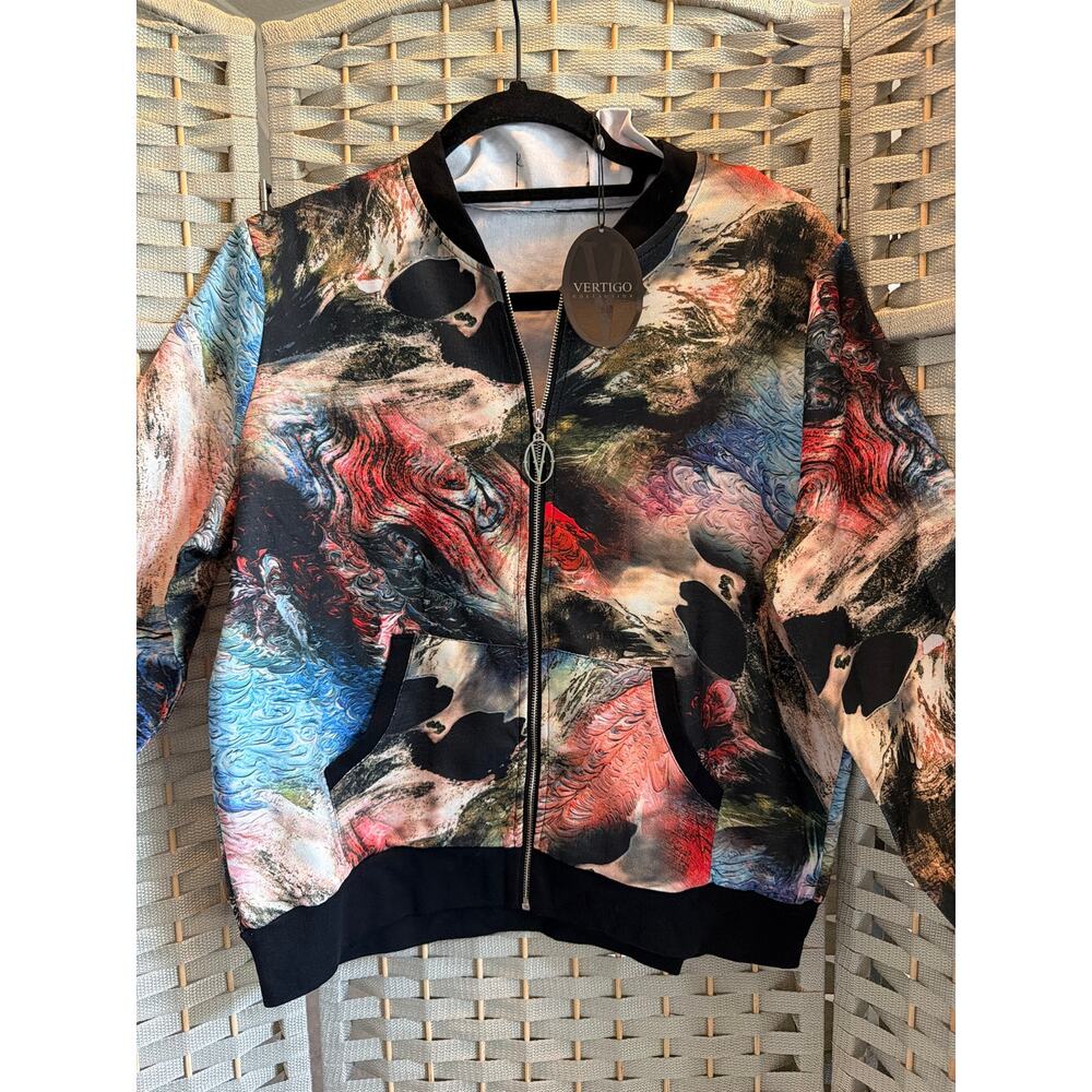 Vertigo Collection Bomber Jacket Abstract Print XS Zip Front Long Sleeve NWT - Picture 2 of 14